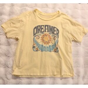 American Eagle Dreamer Graphic Tee Yellow Peace Sign Mushroom Boho T-Shirt S